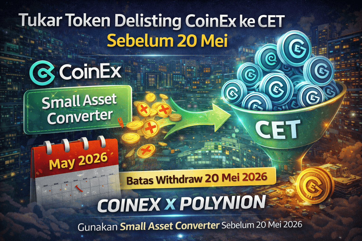 Tukar Token Delisting CoinEx ke CET via Small Asset Converter sebelum 20 Mei 2026. Simak langkah dan syarat konversinya.